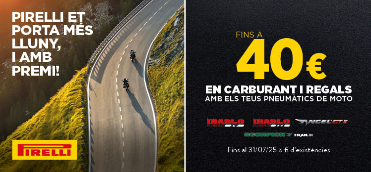 Fins a 40€ en carburant i regals amb els teus pneumàtics de moto Pirelli