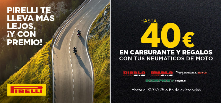 Hasta 40€ en carburante y regalos con tus neumàticos de moto Pirelli