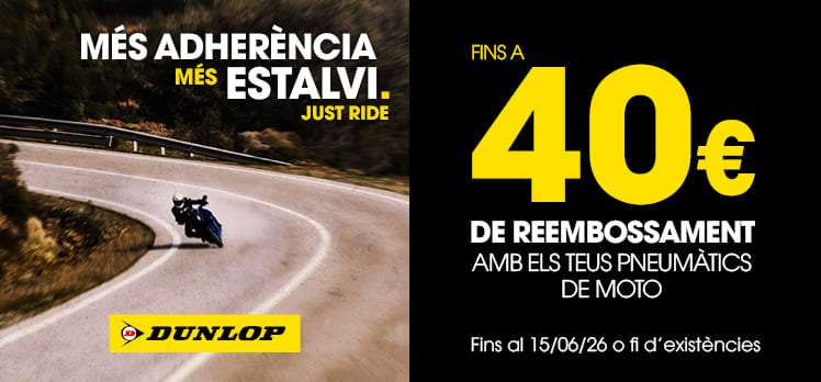 Fins a 40€ de reembossament amb els teus pneumàtics de moto Dunlop